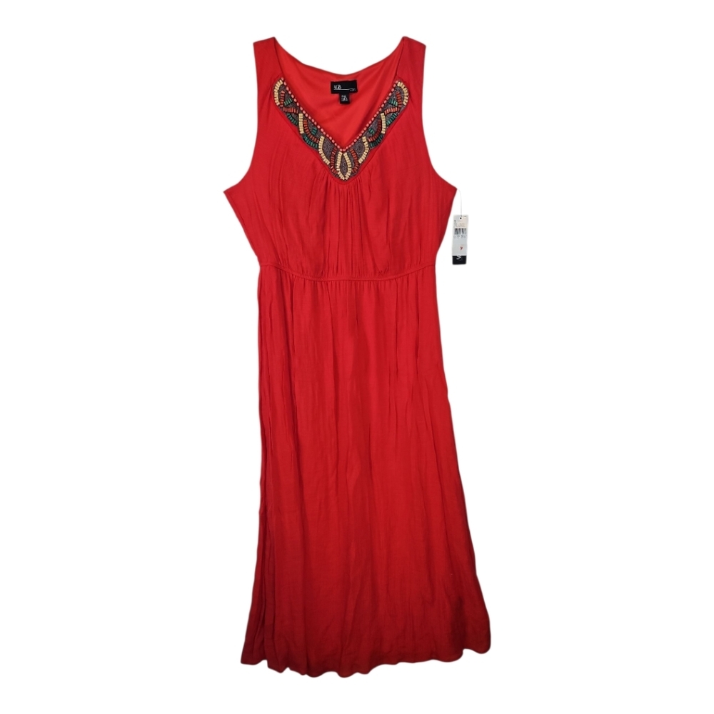 AGB Petite Sleeveless Crimson Beaded V-neck Gauzy Boho Maxi Dress PXL